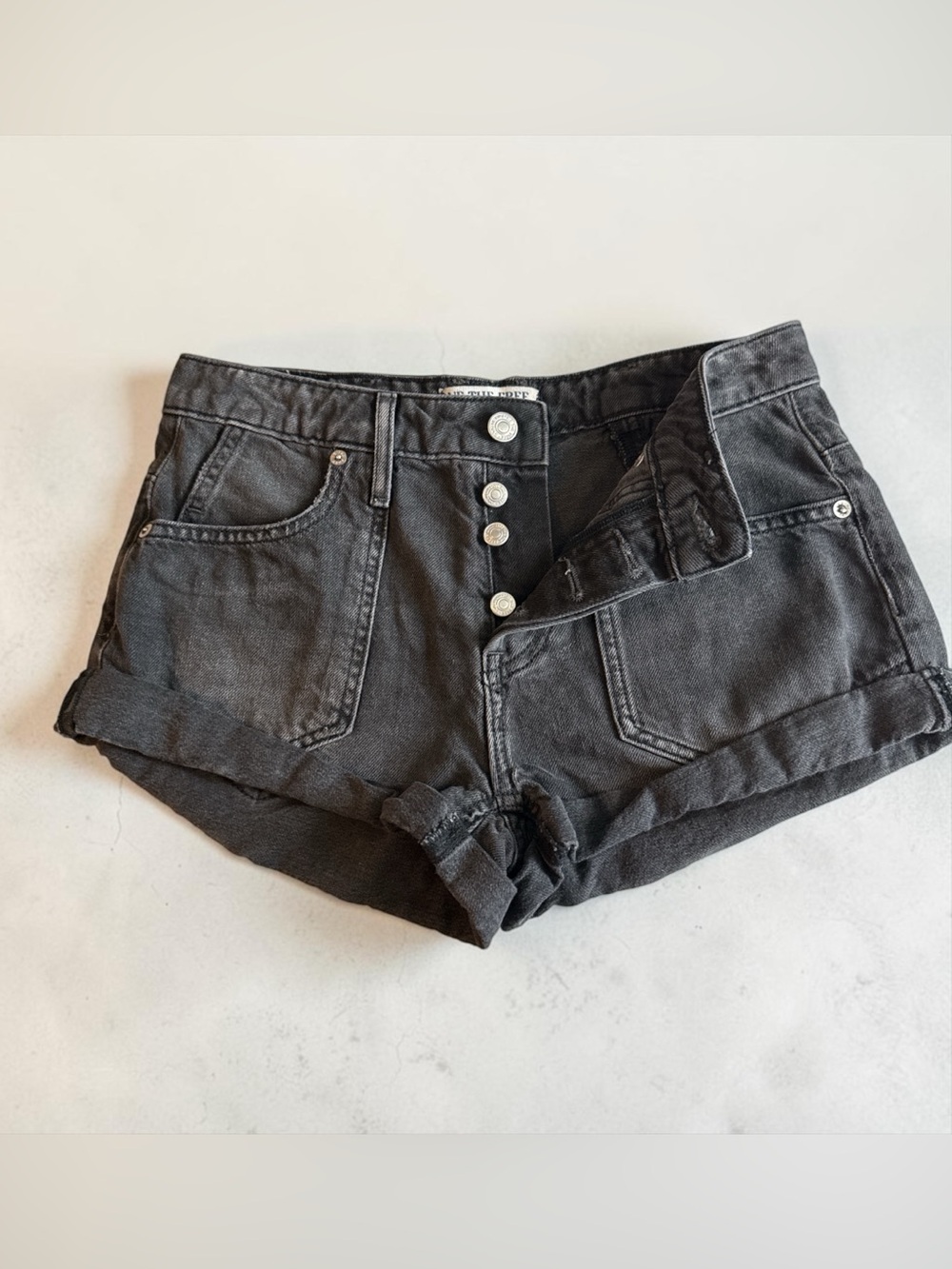 We The Free Charcoal Black High-Rise Button-Front Jean Shorts